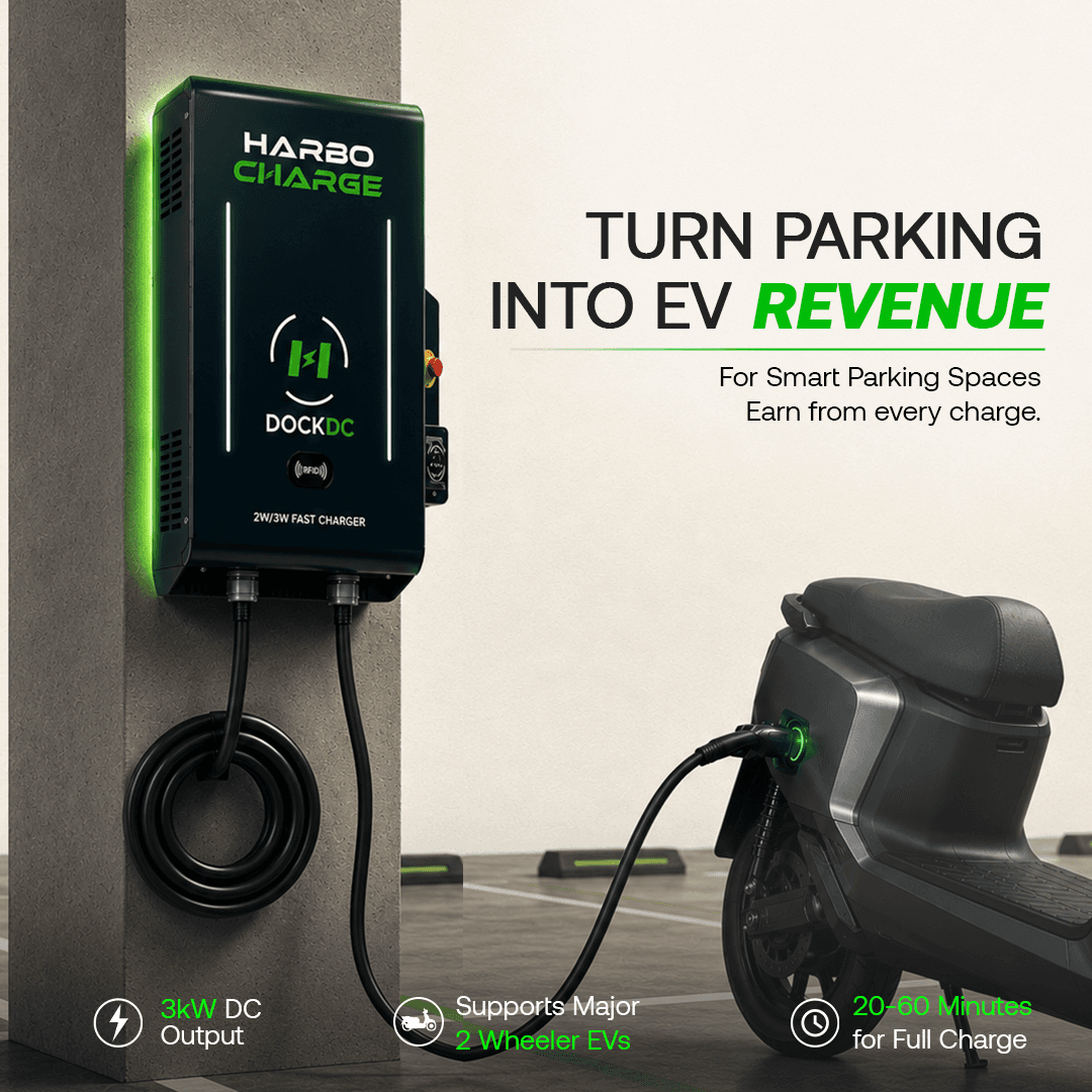 Turn parking into EV revenue. For smart parking spaces — earn from every charge. 3kW DC output, supports major 2-wheeler EVs, 20-30 mins for full charge.