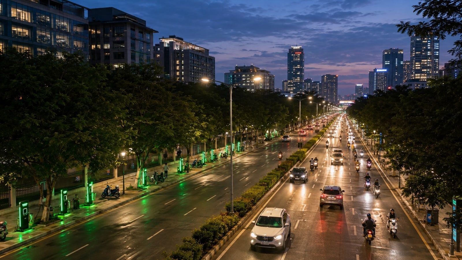 A clean, green Indian city street with electric vehicles