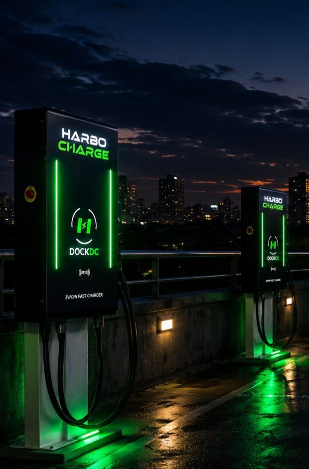 Indian city skyline at deep dusk, points of green light marking EV charging docks along the streets