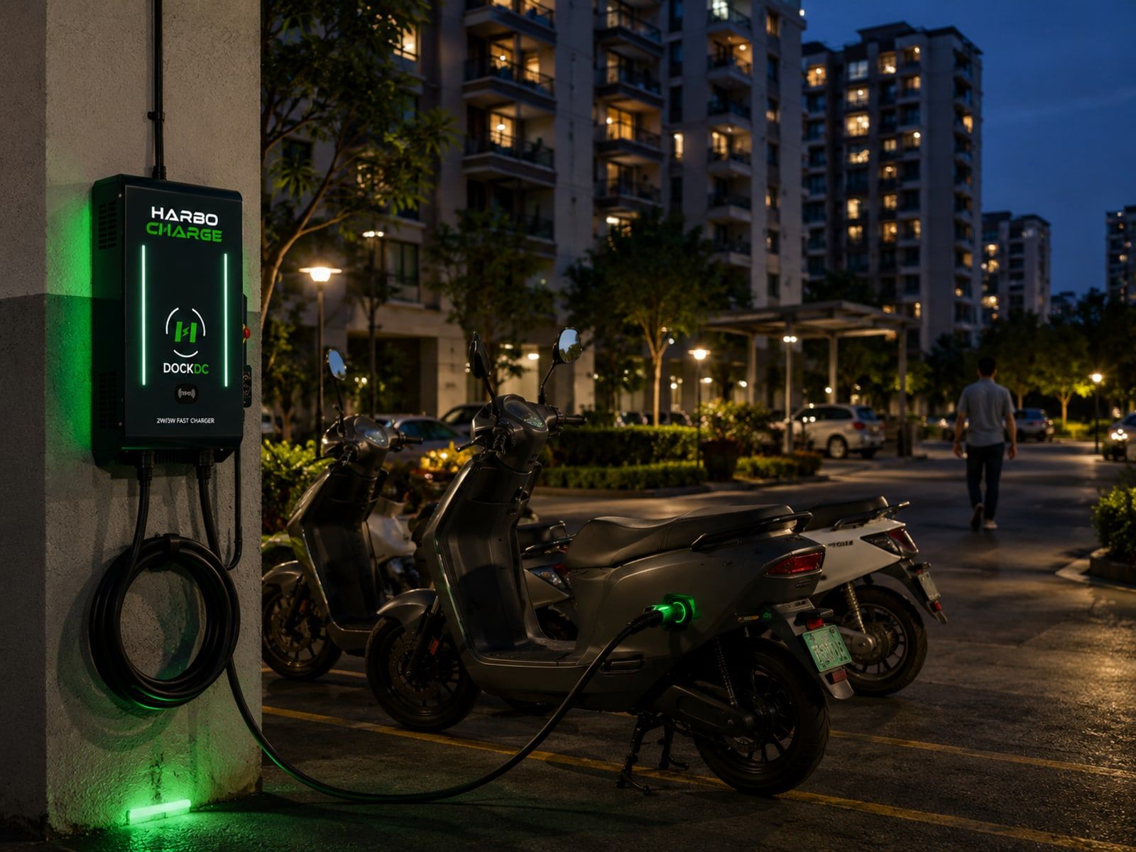 A HarboCharge dock in the parking area of a residential apartment complex