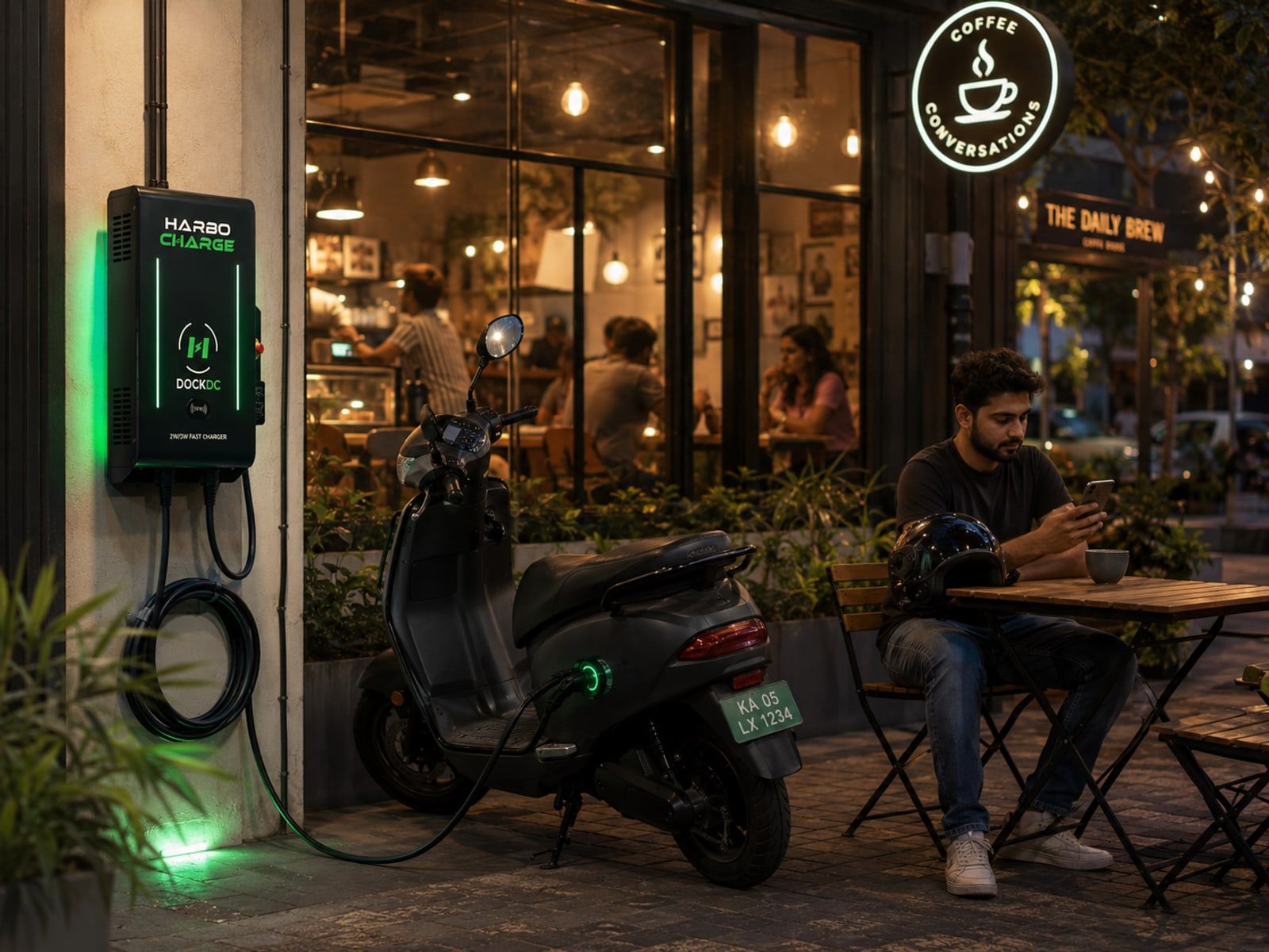 A HarboCharge dock charging an electric scooter outside a busy café in the evening