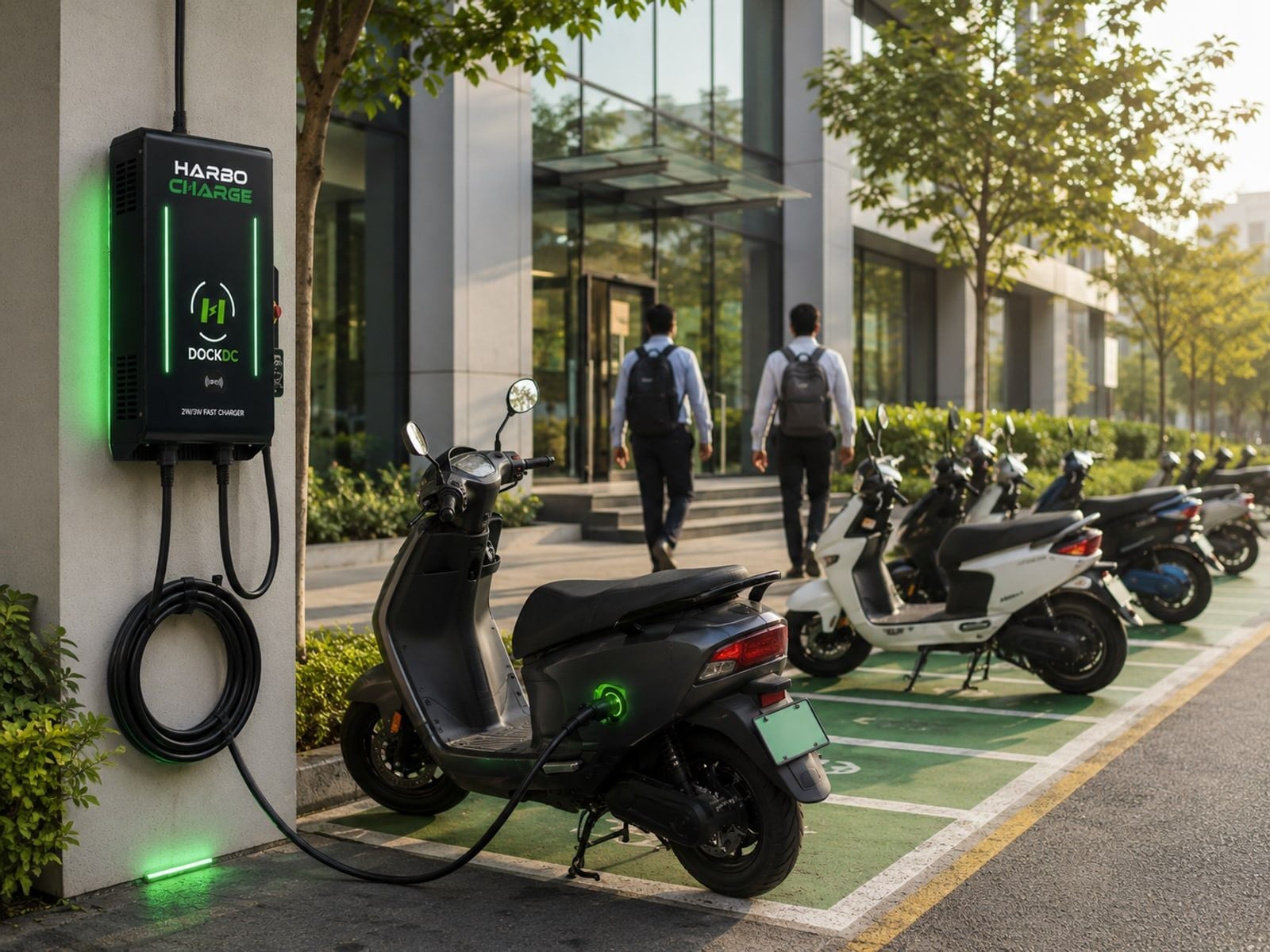 Electric scooters charging on HarboCharge docks in an office parking lot