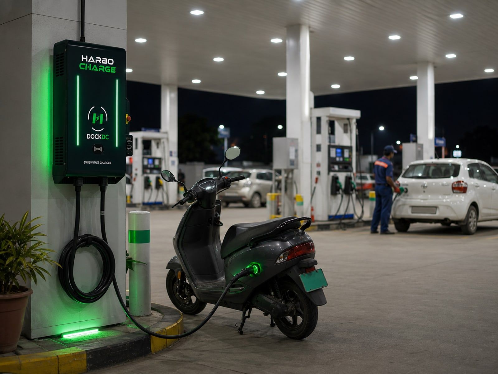 A HarboCharge fast-charging bay on a petrol pump forecourt